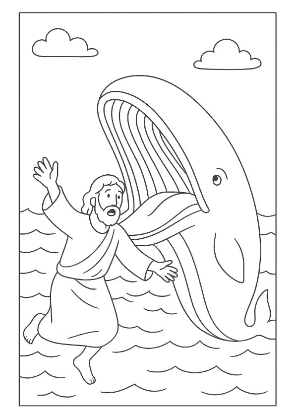 Desenho Bíblico para colorir - Jonas e a baleia