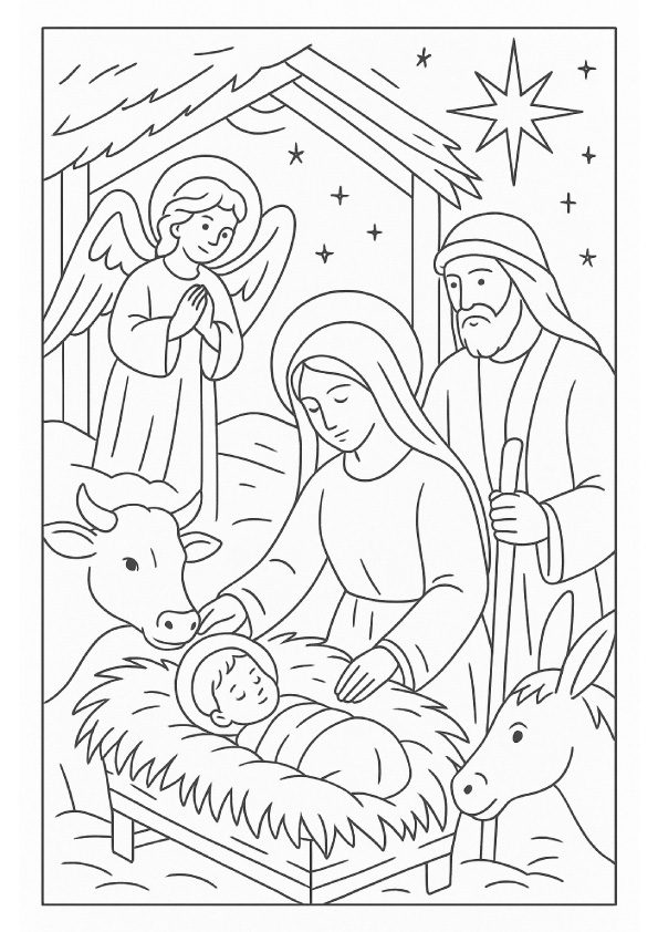 Desenho Bíblico para colorir - O nascimento de Jesus